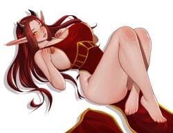 big_breasts blizzard_entertainment blood_elf celi_(celi_oo) elf_ears female green_eyes horns long_eyebrows long_hair nyiccco original_character red_hair warcraft world_of_warcraft