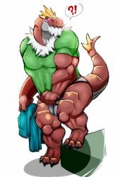 anthro artist_request balls bara barazoku blush bulge clothing dinosaur flaccid male male_only muscles muscular nintendo penis pokemon scalie solo solo_male tyrantrum