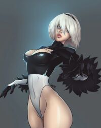 1girls 7zaki female leotard nier:_automata short_hair white_hair yorha_2b