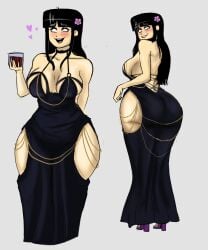 1girls 2d 2d_(artwork) ass big_ass black_clothing black_dress black_hair blush blushing bottom_heavy breasts cleavage collar eyebrows eyebrows_visible_through_hair female female_only flower_in_hair glass glass_cup heart hearts high_heels huge_ass kseg507 large_ass long_dress long_hair meme_attire modakawa_dress oc original_character purple_heels small_breasts solo solo_female thick thick_ass thick_thighs webby_weyne white_background wide_hips