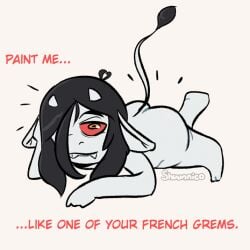 1:1 1girls artist_name artist_signature ass black_hair draw_me_like_one_of_your_french_girls english_text fangs female female_only grem_(shuunnico) gremlin hair_over_one_eye horns leg_bent looking_at_viewer monster_girl no_visible_genitalia one_eye_obstructed original pale-skinned_female red_eyes seductive shuunnico solo tail text