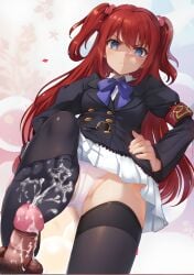 07th_expansion ange_ushiromiya anime_style blue_eyes cumming_from_footjob dark_penis ecchi foot_fetish footjob footjob_with_legwear footwear hands_on_hips hentai highres panties red_hair simple_background skirt umineko_no_naku_koro_ni viewed_from_below white_panties xxx