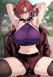 hero_killer kirine pussy_ejaculation pussy_juice red_eyes red_hair sharpshooter_(hero_killer) visible_breath webtoon webtoon_waifu wet wet_body wet_pussy