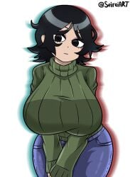 1girls ass big_ass big_breasts big_thighs black_eyes black_hair breasts butt eyeshadow female female_focus female_only gigantic_breasts hollie_hawkes huge_ass huge_breasts huge_thighs hyper_breasts jeans pants scott_pilgrim seireiart short_hair solo solo_female sweater tagme thick_hips thick_thighs thighs