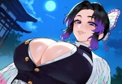 ai_generated black_hair center_opening cleavage creamy_ai curvy demon_slayer demon_slayer_uniform from_below kimetsu_no_yaiba kochou_shinobu large_breasts multicolored_hair purple_eyes purple_hair unbuttoned upper_body