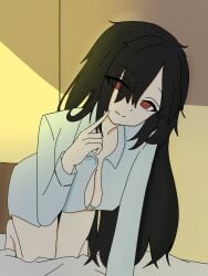 bed big_breasts black_hair blue_clothing light looking_at_viewer loose_clothes noob_thaixd oc paangzr pajamas red_eyes smile