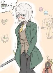 about_to_pee big_breasts binah blue_eyes dante_(limbus_company) faust_(limbus_company) glasses limbus_company nervous project_moon suit tea teacup tie white_hair