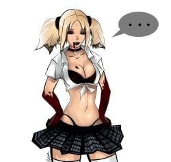 1girls 7zaki blonde_hair blood female female_only jeanette_voerman malkavian ponytail solo solo_female speech_bubble vampire vampire_girl vampire_the_masquerade vampire_the_masquerade_bloodlines world_of_darkness