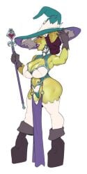 big_breasts braided_hair cleavage goblin goblin_female green_skin huge_ass long_ears thigh_highs wahafagart witch_hat