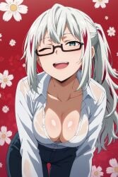 ai_generated big_breasts breasts fuyumi_todoroki glasses green_eyes long_hair looking_at_viewer multicolored_hair my_hero_academia navel one_eye_closed ponytail skirt smile solo solo_female solo_focus sweet_studio white_hair white_shirt