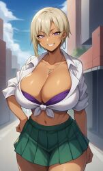 ai_generated athletic_female bare_legs blonde_hair bra_visible_through_clothes dark-skinned_female dark_skin earrings gigantic_breasts gyaru hajimete_no_gal huge_breasts huge_thighs looking_at_viewer massive_breasts milkersenjoyer miniskirt multicolored_hair purple_eyes ranko_honjou short_hair smiling solo_female squatting sweat sweatdrop thick_thighs thighs voluptuous voluptuous_female