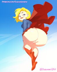 1girls 2024 anus_peek ass big_ass big_butt blonde_hair blue_background blue_eyes boots butt cape chickpea color colored dc dc_comics dc_super_hero_girls digital_drawing_(artwork) fat_ass female female_only flying heroine huge_ass huge_butt kara_zor-el light-skinned_female looking_at_viewer looking_back looking_back_at_viewer looking_over_shoulder pawg pussy_peek short_hair simple_background smile supergirl superhero superhero_costume superheroine uncensored