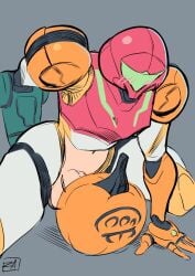 1futa arm_cannon armor armored_samus balls bent_over big_penis blush breasts clothed clothing erection futa_only futanari gocktober helmet helmet_with_visor human light-skinned_futanari light_skin masked metroid metroid_dread mostly_clothed pauldrons penis power_armor power_suit pumpkin pumpkin_masturbation samus_aran solo varia_suit varia_suit_helmet zestysauce