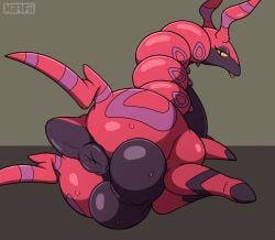 anus balls big_balls black_body bodily_fluids feral generation_5_pokemon genitals hi_res kaffii looking_back male male_only multicolored_body nintendo orange_sclera pokemon pokemon_(species) puffy_anus purple_body quadruped rear_view red_body scolipede simple_background solo sweat tongue tongue_out