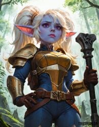 ai_generated armor blonde_hair blue_skin hammer league_of_legends ponytail poppy portrait purple_eyes tastamoza yordle