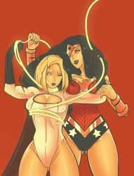 1girls 2girls 7zaki big_breasts big_thighs black_hair blonde_hair dc dc_comics diana_prince female femsub kara_zor-l karen_starr lasso_of_truth lesbian muscles power_girl super_girl wonder_woman wonder_woman_(series)