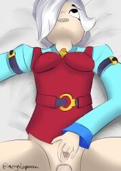 1girls anal_sex anyalopa belt black_eyes blue_clothing brawl_stars colette_(brawl_stars) female lying lying_on_bed masturbating masturbating_during_sex masturbation penis penis_in_ass red_clothing sex teeth white_hair white_hair_female