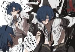 2boys arms_behind_back black_pants black_ribbon blue_eyes blue_hair blush closed_eyes clothes_pull collared_shirt digital_media_player hair_between_eyes hair_over_one_eye male_focus multiple_boys open_clothes open_mouth open_shirt pants pants_pull persona persona_3 ribbon saliva sex sex_from_behind shirt simple_background sound_effects tamaon_2525 tears thanatos_(persona) tongue translation_request twitter_username white_background white_shirt yaoi yuuki_makoto_(persona_3)