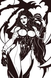 1girls 7zaki black_and_white bone_wings breasts contrast featureless_breasts female female_only lipstick looking_at_viewer monochrome monster_girl queen_of_blades sarah_kerrigan solo solo_female starcraft starcraft_2 zerg