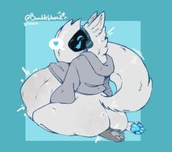 agender almost_fully_inside ambiguous_gender anal anal_vore anthro ass belly big_belly big_tail bloated blue_pawpads bottomless buddy_(gurglegluts) bulge bumbleblues clothed clothing curvy_figure duo fluffy fluffy_tail fur hi_res hoodie hoodie_only imprint living_buttplug living_insertion living_toy machine neck_tuft pawpads protogen same_size_vore sitting sitting_on_another sitting_on_feet solo stomach_bulge tail topwear topwear_only tuft voluptuous vore white_body white_fur