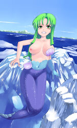 blush breasts bule cold ganbare_goemon green_eyes green_hair ice jpg mermaid monster_girl ocean one_breast_out pussy trembling water yae_(ganbare_goemon)