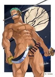 1boy abs balls bara censor_bar censored censored_penis censored_testicles erection gay green_hair hi_res katana male male_only moon muscles muscular muscular_arms muscular_legs muscular_male muscular_thighs night object_in_mouth one_piece pecs pubic_hair roronoa_zoro scar scar_on_chest scar_on_face shine short_hair six_pack solo standing tofulabo veiny_penis