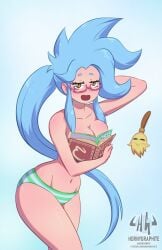 1girls amber_eyes blue_hair blush book covering_breasts female female_only glasses hand_behind_head hi_res hornygraphite long_hair looking_at_viewer meme mokyo_(hornygraphite) original ouch_meme panties smiling smiling_at_viewer solo tied_hair topless very_long_hair