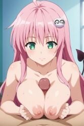 1girls ai_generated big_breasts blush blush_lines boobjob breasts green_eyes lala_satalin_deviluke light-skinned_female light_skin nipples pink_hair pink_nipples shiny_skin sweat sweatdrop sweating titjob to_love-ru