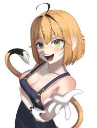 ahoge arm_under_breasts blonde_hair cleavage conductor_hat conductor_uniform dooby3d gloves goggles green_eyes indie_virtual_youtuber jerboa jerboa_humanoid looking_at_viewer naked_under_clothes no_bra open_mouth pixiv plain_background sideboob sopaipa tail teeth tongue virtual_youtuber vtuber