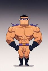 ai_generated big_ass big_muscles black_eyes black_hair front_view full_body gradient_background male male_only mask maxum_man muscular muscular_male nude nude_male penis sidekick_(series) smile solo solo_male standing superhero user_zhfj2523