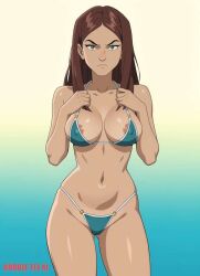 1girls ai_generated areolae_slip bikini brown_hair bubbleteexl gradient_background laura_kinney marvel marvel_comics nipples_bulge solo x-23 x-men x-men_evolution