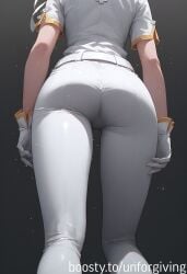 ai_generated ass ass_focus azazel_(helltaker) breasts covered_nipples halo helltaker large_breasts pants shirt taut_clothes unforgiving wet wet_body wet_clothes wet_skin white_pants white_shirt