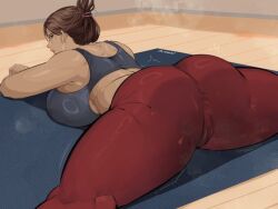 breasts chocobitpie fat_ass hair_bun imprint sweat sweaty_genitalia yoga_pants