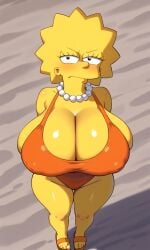 1girls 20th_century_fox 20th_century_studios ai_generated beach cleavage colored_skin from_above gigantic_breasts groin huge_breasts lisa_simpson looking_at_viewer massive_breasts one-piece_swimsuit orange_sandals orange_swimsuit pearl_necklace shortstack skindentation the_simpsons thick_thighs wide_hips yellow_skin zakvar