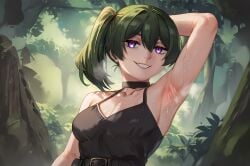 ai_generated anxiousdangero armpits evil_grin evil_smile green_hair sousou_no_frieren steam steaming_body sweaty ubel_(sousou_no_frieren)