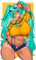 1girls ass big_ass big_breasts big_thighs brazil brazilian brazilian_female brazilian_miku breasts cyan_eyes cyan_hair female female_only hatsune_miku huge_ass huge_thighs latin_american_hatsune_miku_(meme) long_hair looking_at_viewer nez-box shirt shorts solo tagme tan tan_body thick_hips thick_thighs thighs thong twintails vocaloid yellow_shirt