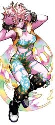 acid boku_no_hero_academia boots bracelet choker cleavage dissolving_clothes female female_only going_commando hero_outfit_(mha) legs mina_ashido my_hero_academia no_panties official_art smile solo thighs torn_clothes vest wardrobe_malfunction