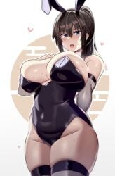 1girls big_breasts big_thighs black_hair blue_eyes breasts bunny_ears bunny_girl bunnysuit dark_hair female female female_focus groping groping_breasts heart huge_boobs huge_breasts huge_thighs looking_at_partner looking_at_viewer open_mouth original original_character panties thighs tsukunendo