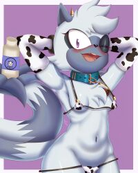 anthro anthro_only anthrofied arms_up cow_print cow_print_armwear female female_only fur furry furry_only grey_fur hands_behind_head idw_publishing milk_bottle one_eye_closed open_mouth purple_eyes saeki_makai sega sonic_(series) sonic_the_hedgehog_(comics) sonic_the_hedgehog_(idw) sonic_the_hedgehog_(series) tail tangle_the_lemur two_tone_fur