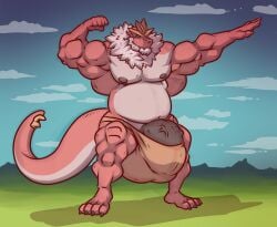 anthro balls bara barazoku bulge dinosaur flaccid flexing male male_only muscles muscular nintendo penis pokemon rackun scalie solo solo_male tyrantrum