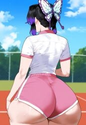 ai_generated ass ass_focus big_ass big_butt black_hair bubble_ass bubble_butt creamy_ai curvy dat_ass demon_slayer dolphin_shorts fat_ass from_behind huge_ass kimetsu_no_yaiba kochou_shinobu large_ass multicolored_hair pawg pink_shorts purple_hair round_ass short_shorts shorts tennis_court thick_ass thick_thighs white_shirt wide_hips