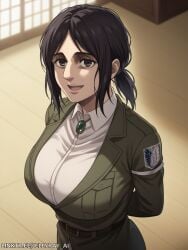 1girls ai_generated attack_on_titan big_breasts black_eyes black_hair clothed from_above happy jellyray long_hair looking_at_viewer open_mouth pieck_finger sfw shingeki_no_kyojin solo solo_female solo_focus uniform