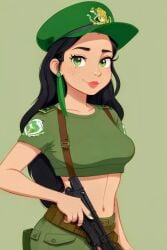 ai_generated american_dad army army_cap army_girl army_uniform assault_rifle black_hair colombian colombian_army_soldier_1 colombian_female crop_top freckles looking_back pin_up red_lipstick smile smiling smiling_at_viewer