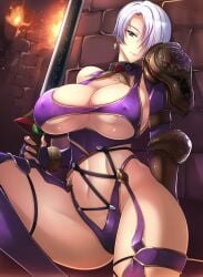 1girls 2017 abs against_wall alternate_breast_size armor big_breasts blue_eyes breasts cleavage collar covered_nipples earrings erect_nipples eye_contact female female_only fingerless_gloves haganef hair_over_one_eye half-closed_eyes hi_res holding_weapon huge_ass isabella_valentine jewelry large_breasts looking_at_viewer mature_female navel nipple_bulge revealing_clothes short_hair silver_hair skindentation solo soul_calibur sword thick_thighs thighs underboob wide_hips