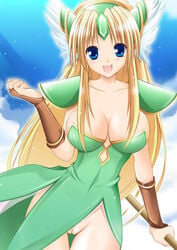 blue_eyes blush breasts cleavage large_breasts long_hair no_panties pussy riesz seiken_densetsu seiken_densetsu_3 uncensored very_long_hair womi