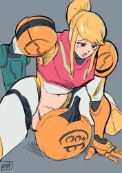 1futa arm_cannon armor armored_samus balls bent_over big_penis blonde_hair blush breasts clothed clothing erection futa_only futanari human improvised_sex_toy light-skinned_futanari light_skin masturbation metroid metroid_dread mostly_clothed pauldrons penis power_armor power_suit pumpkin pumpkin_masturbation samus_aran sex_toy solo varia_suit zestysauce