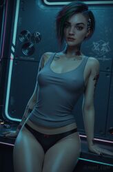 ai_generated angel_light angel_light_(artist) brown_eyes cd_projekt_red cyberpunk_2077 female judy_alvarez multicolored_hair nipples_visible_through_clothing panties