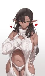 axoo black_hair dark-skinned_female dark_elf dark_skin earrings elf female female_only green_eyes jewelry large_breasts long_hair meme_attire navel original panties smile solo sweater virgin_killer_sweater