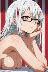 ai_generated big_breasts breasts fuyumi_todoroki glasses green_eyes long_hair looking_at_viewer multicolored_hair my_hero_academia solo solo_female solo_focus sweet_studio topless white_hair