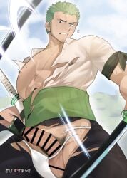 1boy abs balls bara censor_bar censored censored_penis censored_testicles clothing erection fundoshi gay goburin_second green_hair haramaki hi_res large_chest looking_down male male_only muscles muscular muscular_male one_piece pecs pubic_hair rokushaku_fundoshi roronoa_zoro scar scar_on_chest shocked short_hair solo sweat sweatdrop torn_clothes torn_legwear white_fundoshi